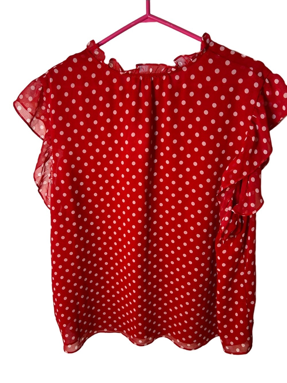 Laura Red Polka Dot Tie-Neck Ruffle Sleeve Sheer Blouse size 24 new - Picture 5 of 5